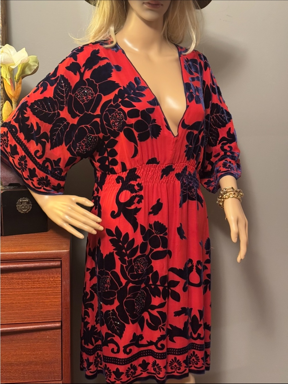 Hale Bob Silk Red and Black Long Sleeve Dress